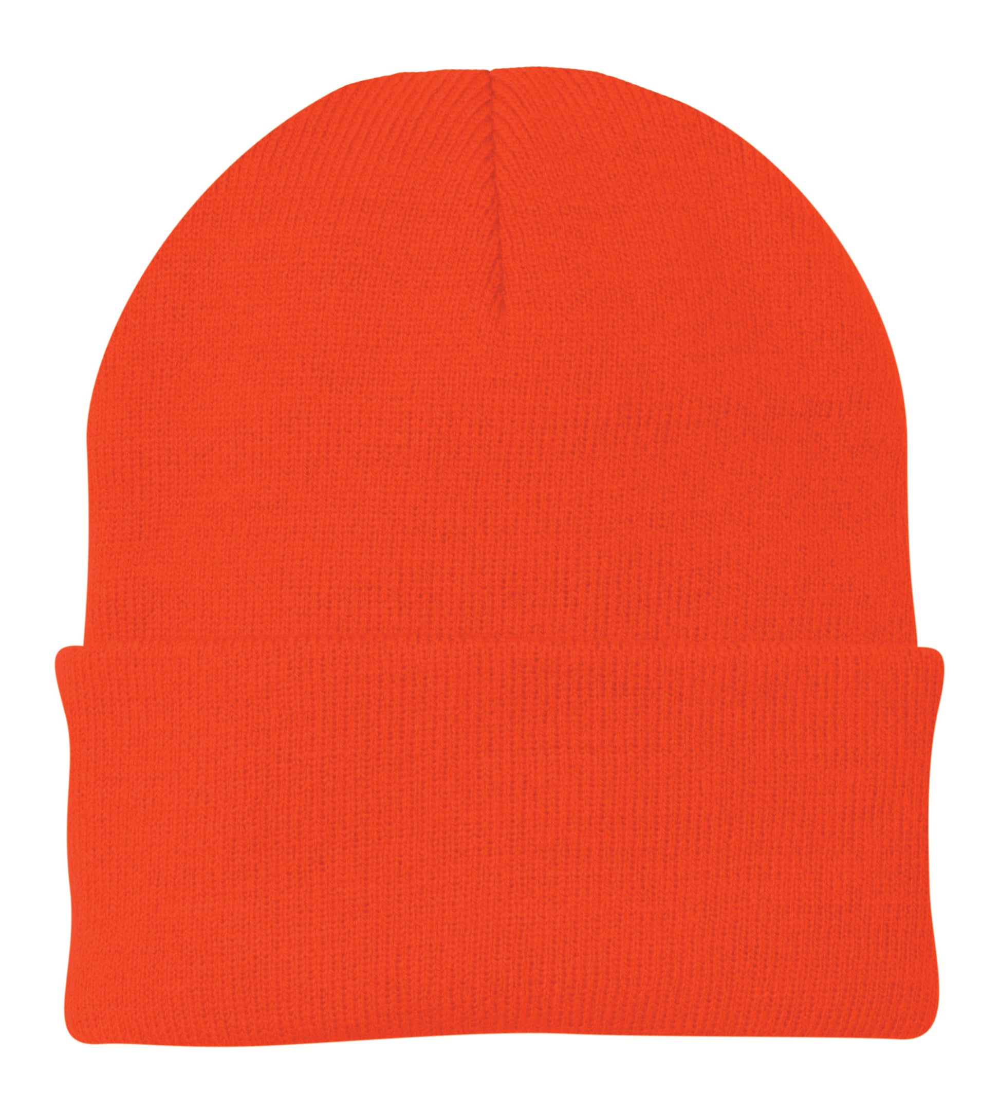 A black knit cap, also known as a watch cap, with a 3-inch folding cuff.